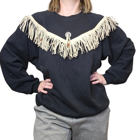 90s Womens Western Fringe‎ Suede Crewneck Sweatshirt Black Large - Picture 1 of 7